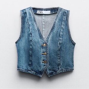 Zara Medium Blue Sleek V Neck Button Denim Vest